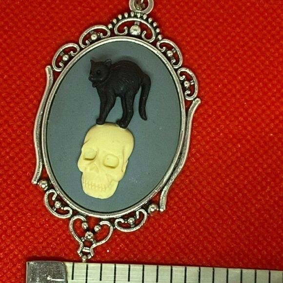 Antique Silver Skull Cat Black Skeleton Gothic Cam - Picture 7 of 7